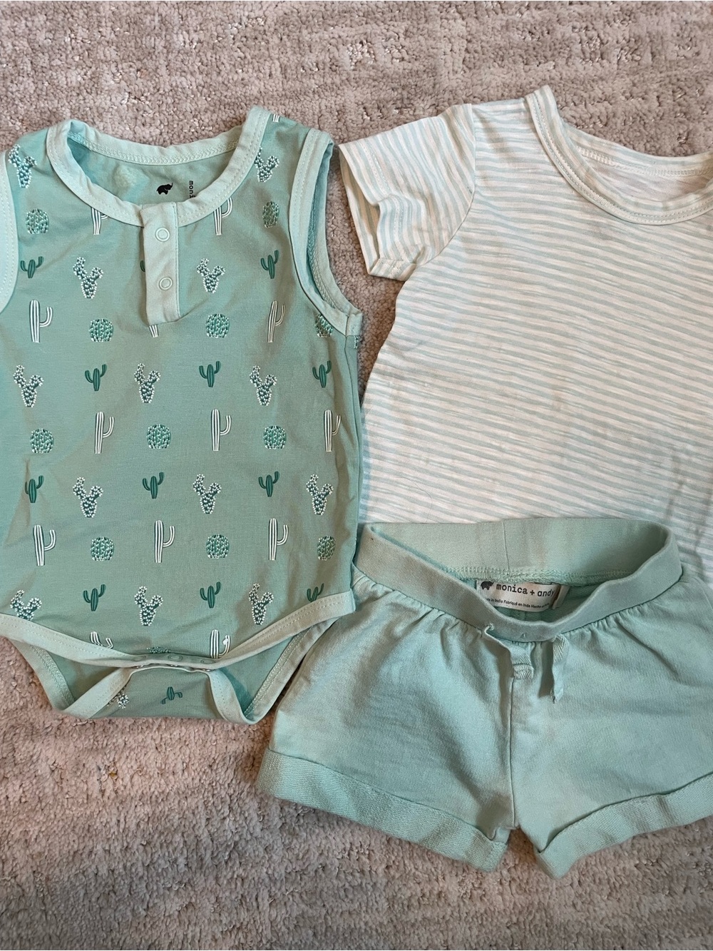 Monica + Andy Organic Cotton 3-piece Baby Henley Bodysuit Set Green Cactus 6-9M